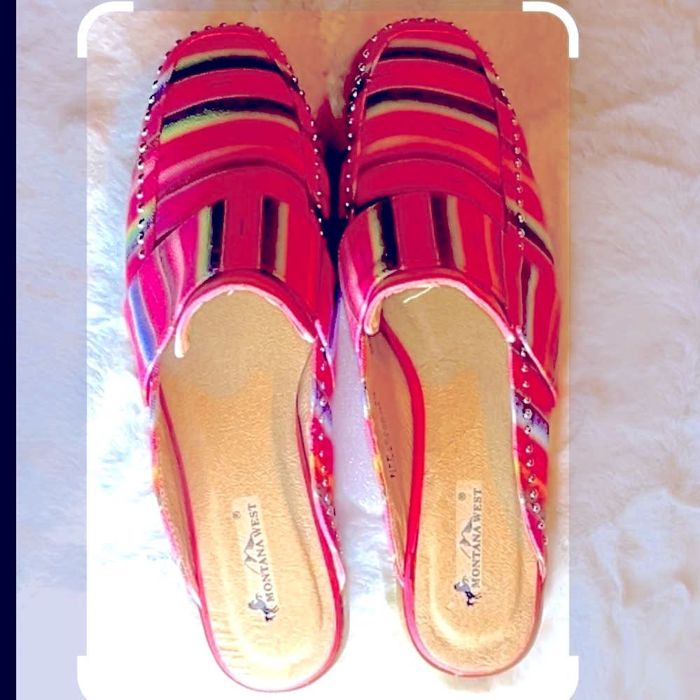 Pink Slides Shoes Serape Print Silver Studs Loafer 3/4”Heel Montana West NEW 8~9